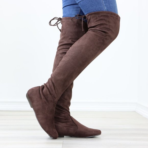 Brown Thigh High Over The Knee Flat Boots Faux Suede - Picture 2 of 13